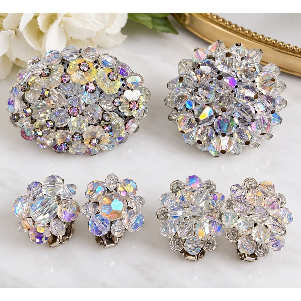 Vintage Aurora Borealis Crystal Jewelry Lot 2 Brooches 2 Pair Clip Earrings AB